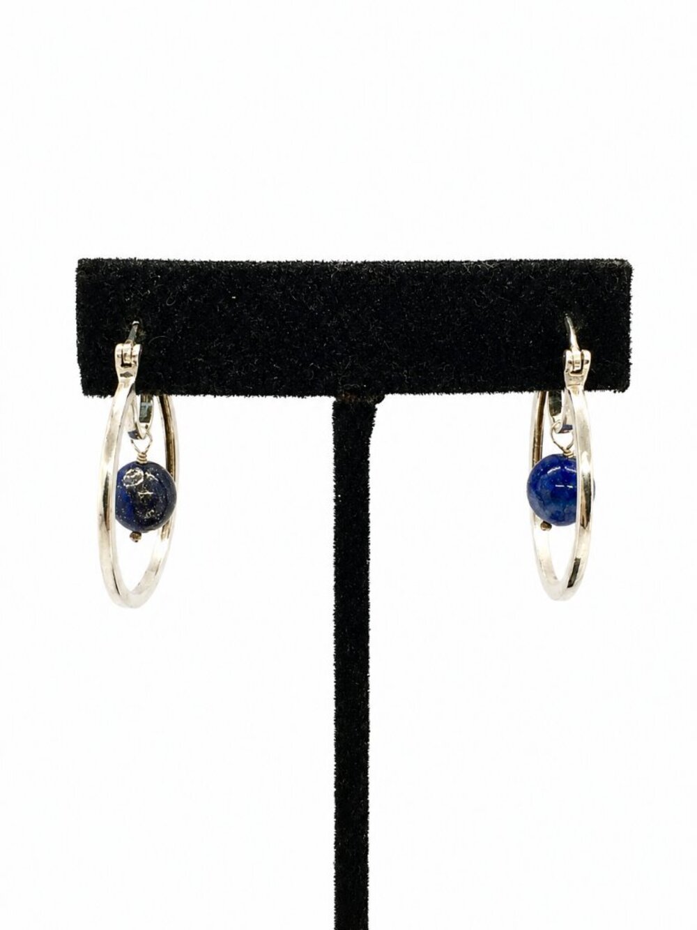 VINTAGE STERLING EARRINGS Lapis Lazuli 925 Silver Hoop 8mm Bead STS 6.17g